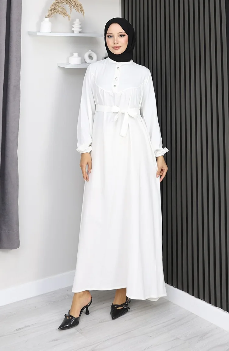 Belmando Fabric Half Button Belted Dress 2166-03 White 2166-03