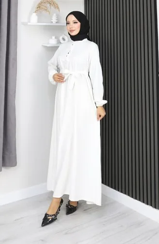 Belmando Fabric Half Button Belted Dress 2166-03 White 2166-03