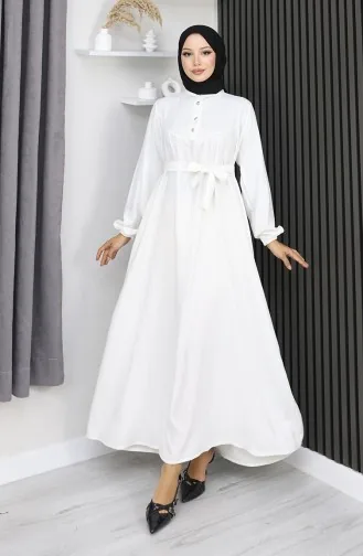 Belmando Fabric Half Button Belted Dress 2166-03 White 2166-03