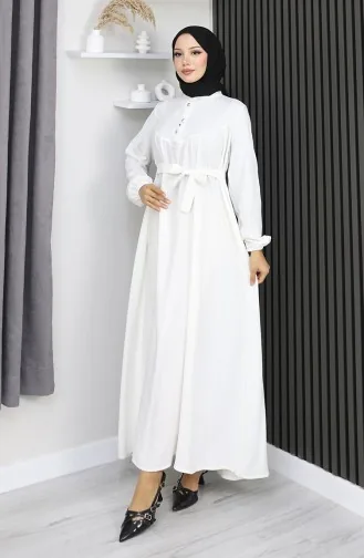 Belmando Fabric Half Button Belted Dress 2166-03 White 2166-03