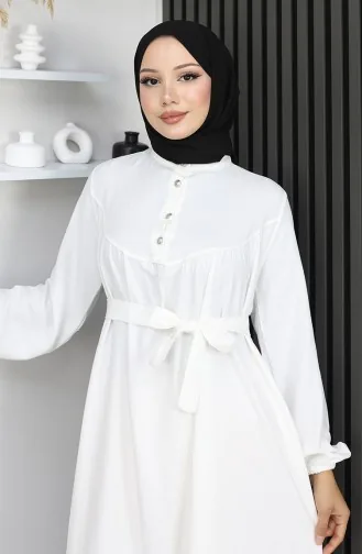 Belmando Fabric Half Button Belted Dress 2166-03 White 2166-03
