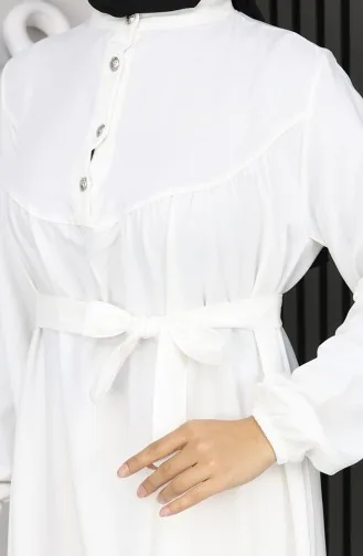 Belmando Fabric Half Button Belted Dress 2166-03 White 2166-03