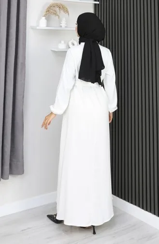 Belmando Fabric Half Button Belted Dress 2166-03 White 2166-03