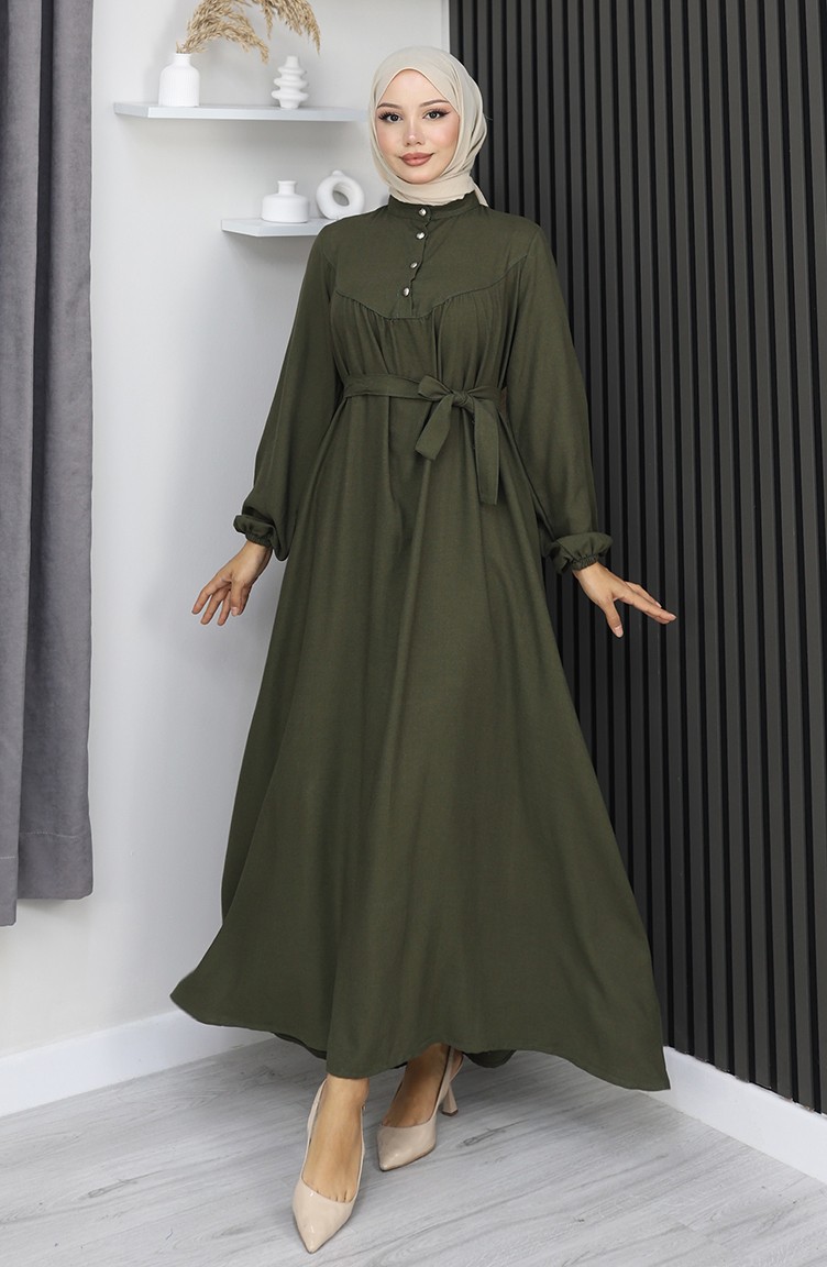 Sefamerve, Belmando Kumaş Yarım Düğmeli Kuşaklı Elbise 2166-04 Haki
