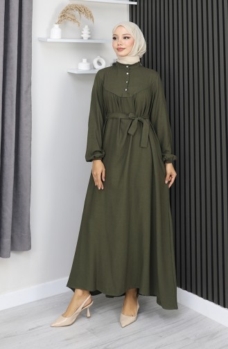 Belmando Kumaş Yarım Düğmeli Kuşaklı Elbise 2166-04 Haki