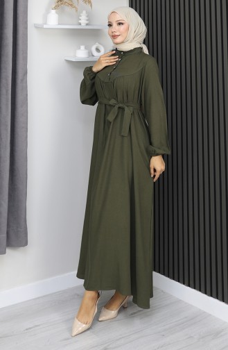 Belmando Kumaş Yarım Düğmeli Kuşaklı Elbise 2166-04 Haki