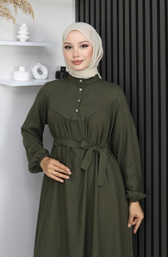 Belmando Kumaş Yarım Düğmeli Kuşaklı Elbise 2166-04 Haki