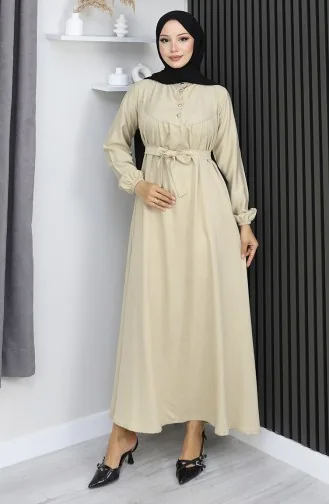 فستان بيلماندو فابريك بحزام وأزرار نصفية 2166-05 بيج 2166-05