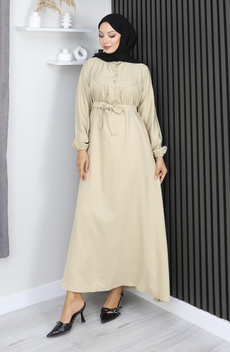 Belmando Kumaş Yarım Düğmeli Kuşaklı Elbise 2166-05 Bej