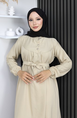 Belmando Kumaş Yarım Düğmeli Kuşaklı Elbise 2166-05 Bej