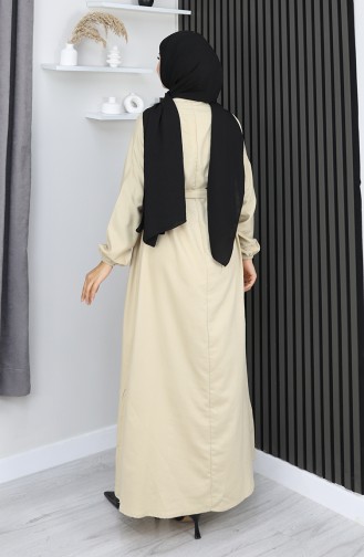 Belmando Kumaş Yarım Düğmeli Kuşaklı Elbise 2166-05 Bej