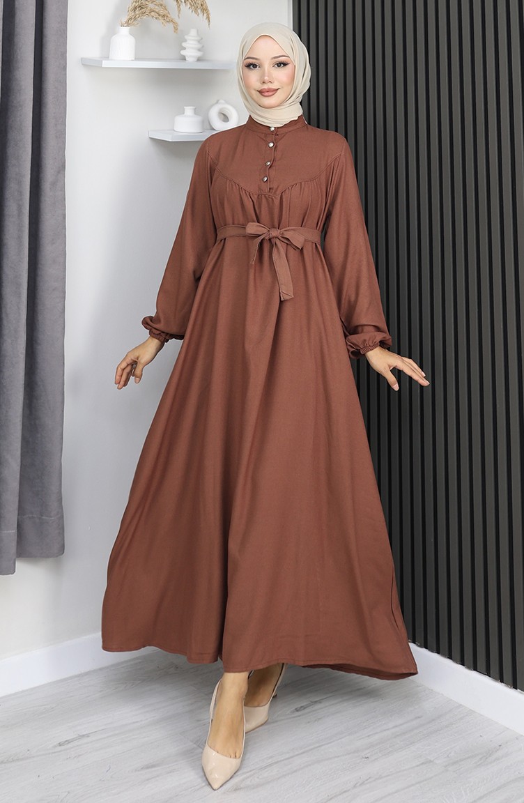 Sefamerve, Robe Belmando En Tissu Marron à Demi-boutons Et Ceinture Référence 2166-06