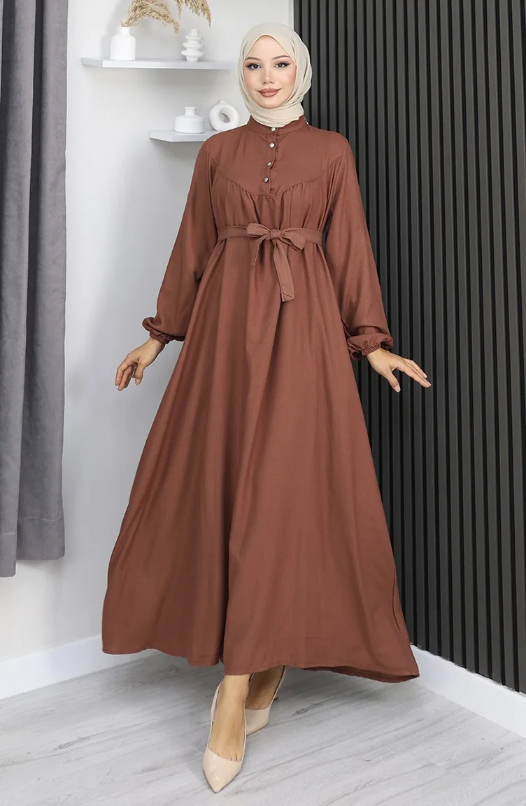 فستان بيلماندو بحزام وأزرار نصفية 2166-06 بني 2166-06