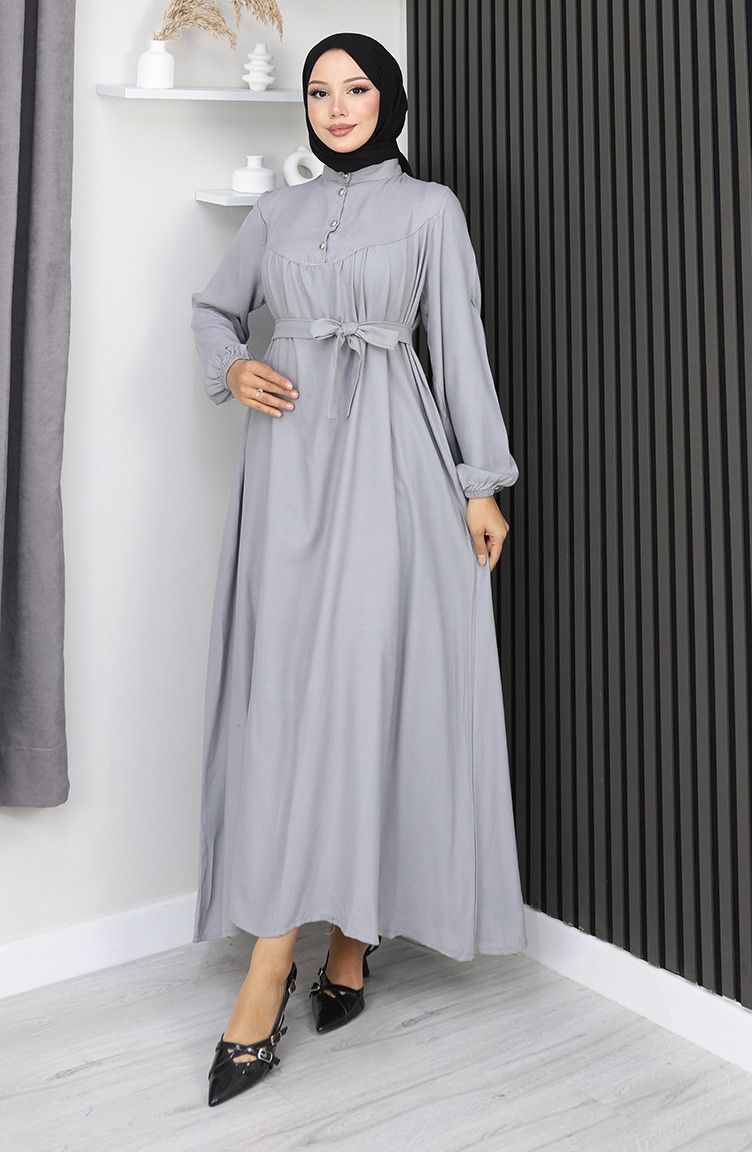 Sefamerve, Belmando Fabric Half Button Belted Dress 2166-07 Gray