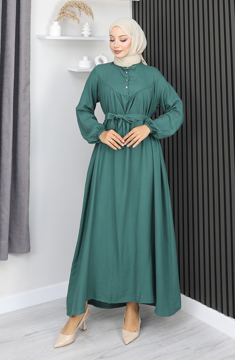 Sefamerve, Robe Belmando En Tissu Vert à Demi-boutons Et Ceinture Référence 2166-08