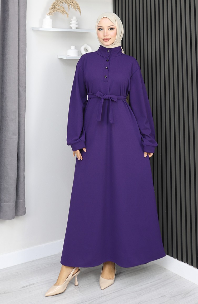 Sefamerve, Scuba Fabric Half Button Belted Dress 2167-02 Purple