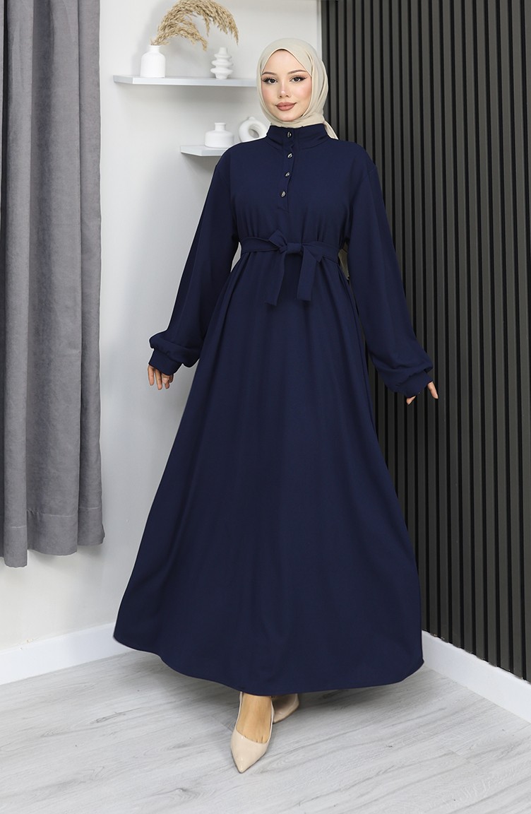 Sefamerve, فستان سكوبا فابريك بحزام نصف أزرار 2167-04 أزرق داكن