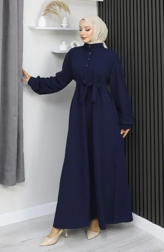 فستان سكوبا فابريك بحزام نصف أزرار 2167-04 أزرق داكن 2167-04