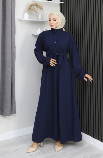 فستان سكوبا فابريك بحزام نصف أزرار 2167-04 أزرق داكن 2167-04