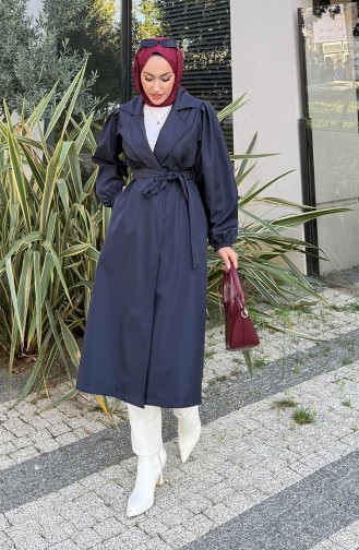 معطف ترنش من قماش بونديت بحزام 4551-04 أزرق داكن 4551-04