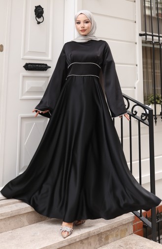 Saten Biye Geçişli Büzgülü Abiye Elbise 5610-01 Siyah