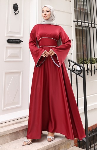 Saten Biye Geçişli Büzgülü Abiye Elbise 5610-02 Bordo