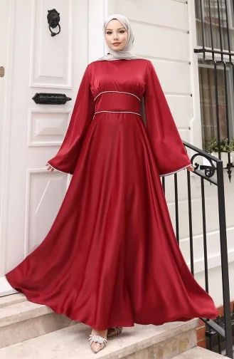 فستان سهرة ساتان متجمع 5610-02 عنابي 5610-02