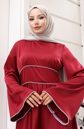 Saten Biye Geçişli Büzgülü Abiye Elbise 5610-02 Bordo
