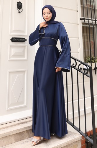 Saten Biye Geçişli Büzgülü Abiye Elbise 5610-03 Lacivert