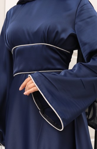 Saten Biye Geçişli Büzgülü Abiye Elbise 5610-03 Lacivert