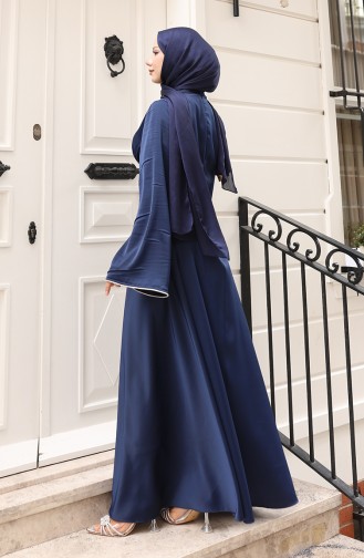 Saten Biye Geçişli Büzgülü Abiye Elbise 5610-03 Lacivert