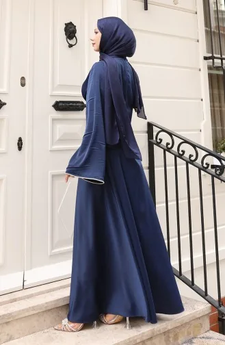 Robe De Soirée Froncée Avec Passepoil En Satin 5610-03 Bleu Marine 5610-03