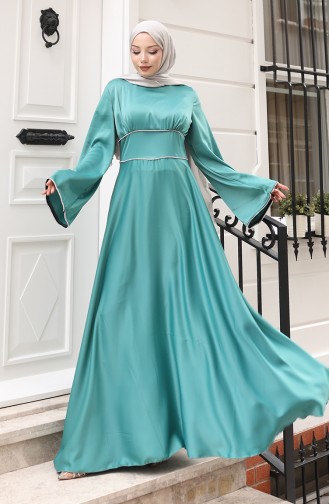 Saten Biye Geçişli Büzgülü Abiye Elbise 5610-04 Çağla Yeşili