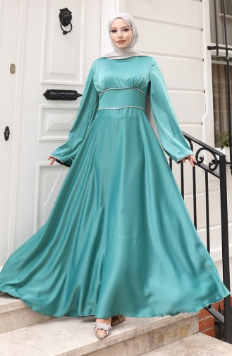 Saten Biye Geçişli Büzgülü Abiye Elbise 5610-04 Çağla Yeşili