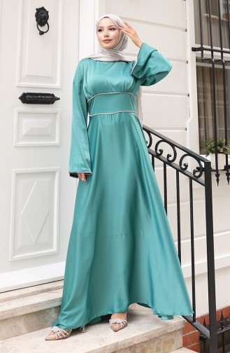 Saten Biye Geçişli Büzgülü Abiye Elbise 5610-04 Çağla Yeşili