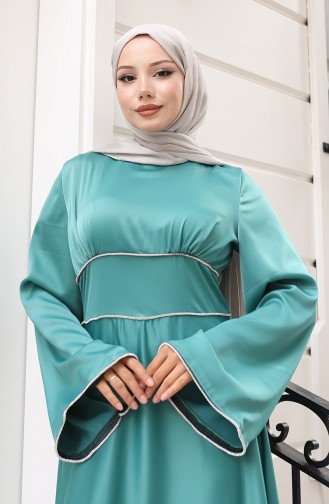 Saten Biye Geçişli Büzgülü Abiye Elbise 5610-04 Çağla Yeşili
