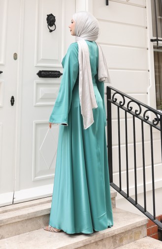 Saten Biye Geçişli Büzgülü Abiye Elbise 5610-04 Çağla Yeşili
