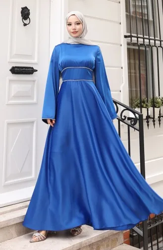 Satin Piping Gathered Evening Dress 5610-05 Indigo 5610-05