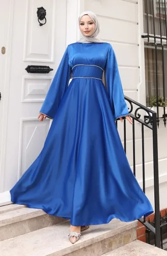 Satin Piping Gathered Evening Dress 5610-05 Indigo 5610-05