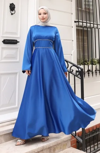 Satin Piping Gathered Evening Dress 5610-05 Indigo 5610-05