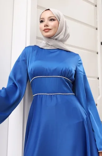 Satin Piping Gathered Evening Dress 5610-05 Indigo 5610-05