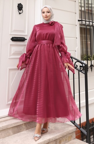 Organza Tule Taille Geplooide Riem Avondjurk 5611-01 Pruim 5611-01