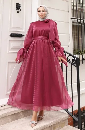 Organza Tulle Waist Pleated Belted Evening Dress 5611-01 Plum 5611-01