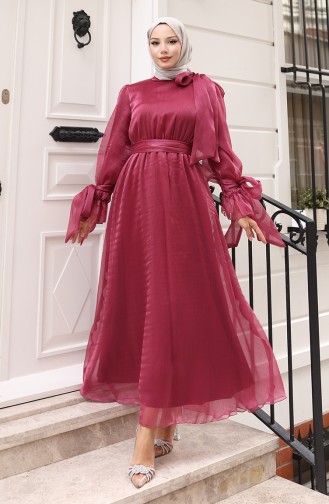 Organza Tule Taille Geplooide Riem Avondjurk 5611-01 Pruim 5611-01