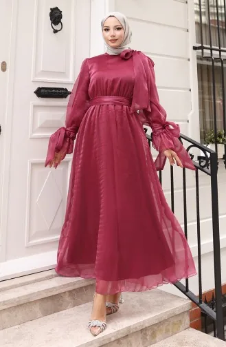 Organza Tulle Waist Pleated Belted Evening Dress 5611-01 Plum 5611-01