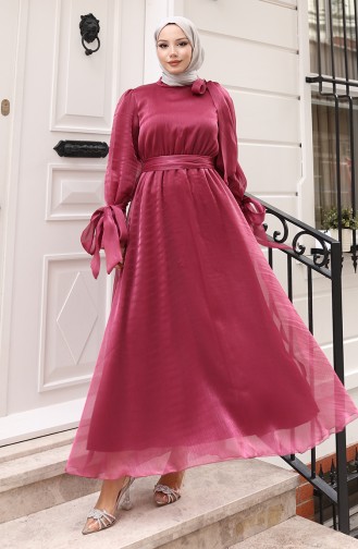 Organza Tule Taille Geplooide Riem Avondjurk 5611-01 Pruim 5611-01