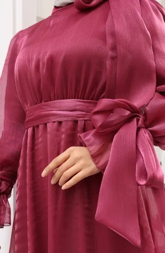 Organza Tulle Waist Pleated Belted Evening Dress 5611-01 Plum 5611-01