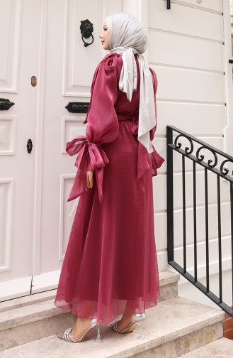 Organza Tule Taille Geplooide Riem Avondjurk 5611-01 Pruim 5611-01