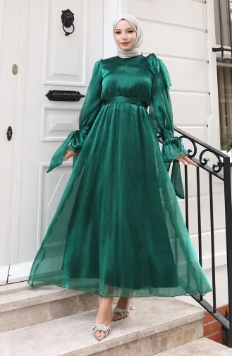 Robe De Soirée En Tulle Organza Plissé à La Taille Et Ceinture 5611-02 Vert émeraude 5611-02