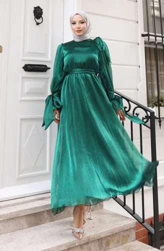 Robe De Soirée En Tulle Organza Plissé à La Taille Et Ceinture 5611-02 Vert émeraude 5611-02